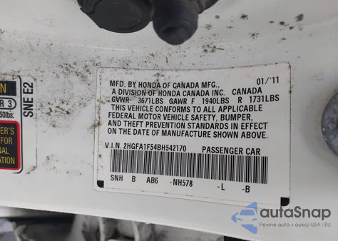 2011 Honda Civic Lx z USA, uszkodzony, nr VIN 2HGFA1F54BH542170